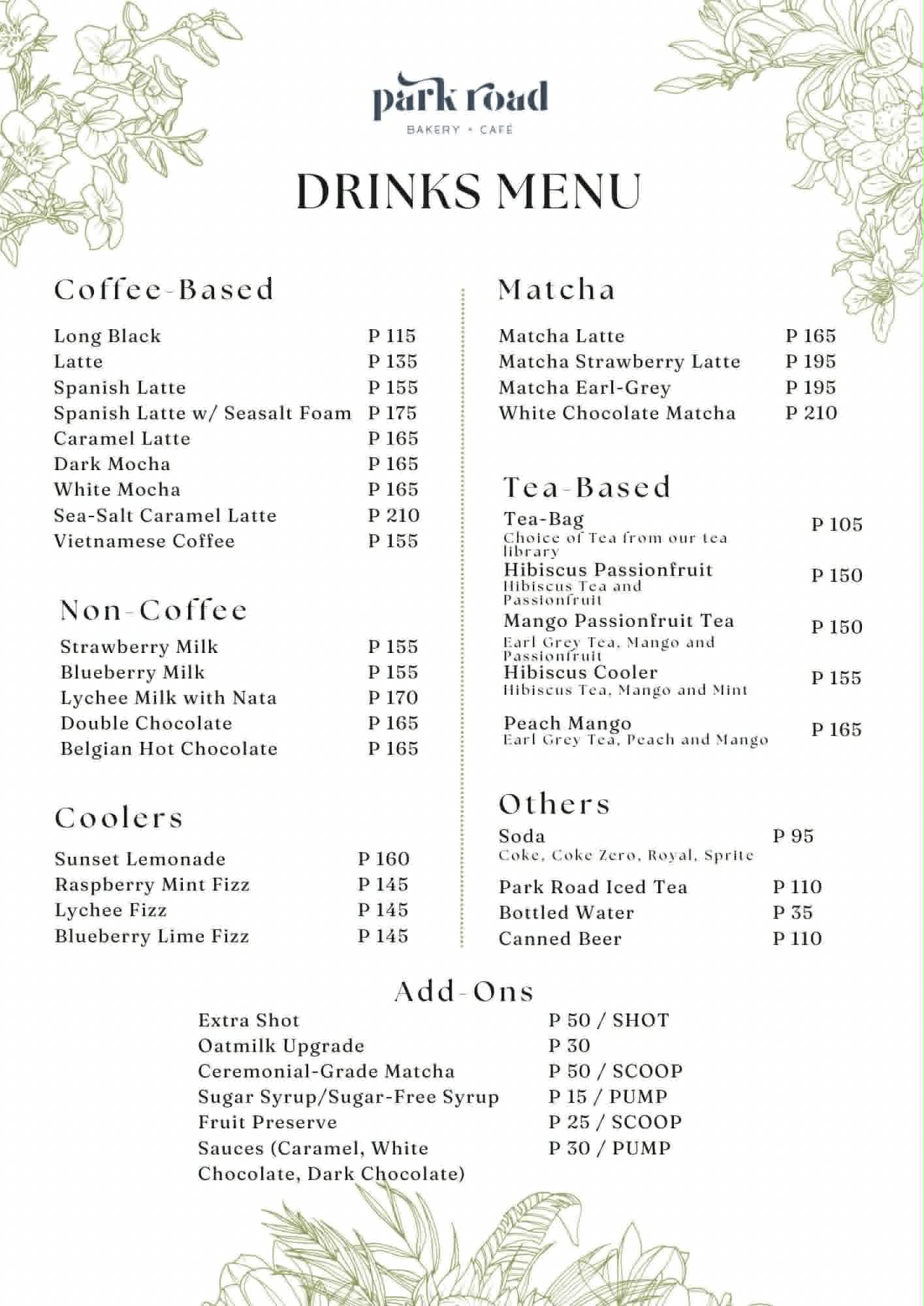 Park Road Menu - Drinks
